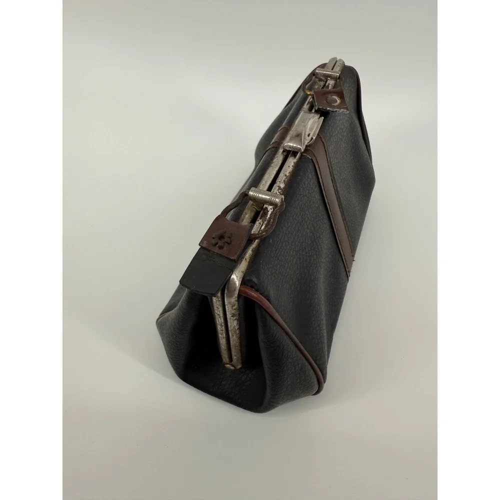 Vintage‎ Black Leather Clutch Purse Kiss Lock Frame Small Bag Women